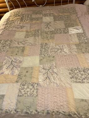 Twin quilt cotton and sateen pale pink and sage patchwork with embroidery